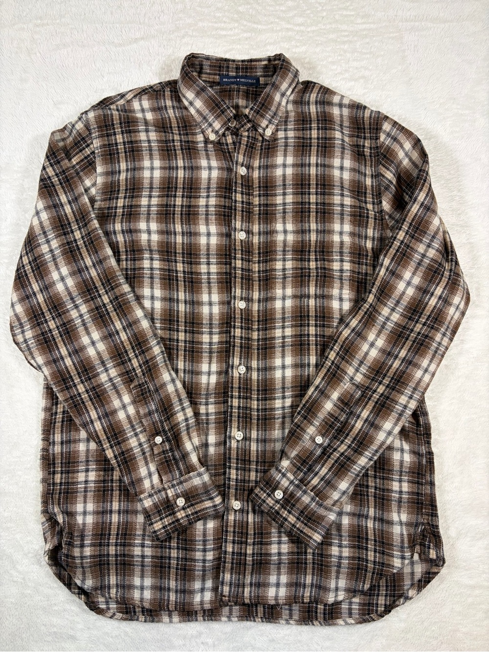 Brandy Melville Brown and Cream Plaid Button-Down Shirt
